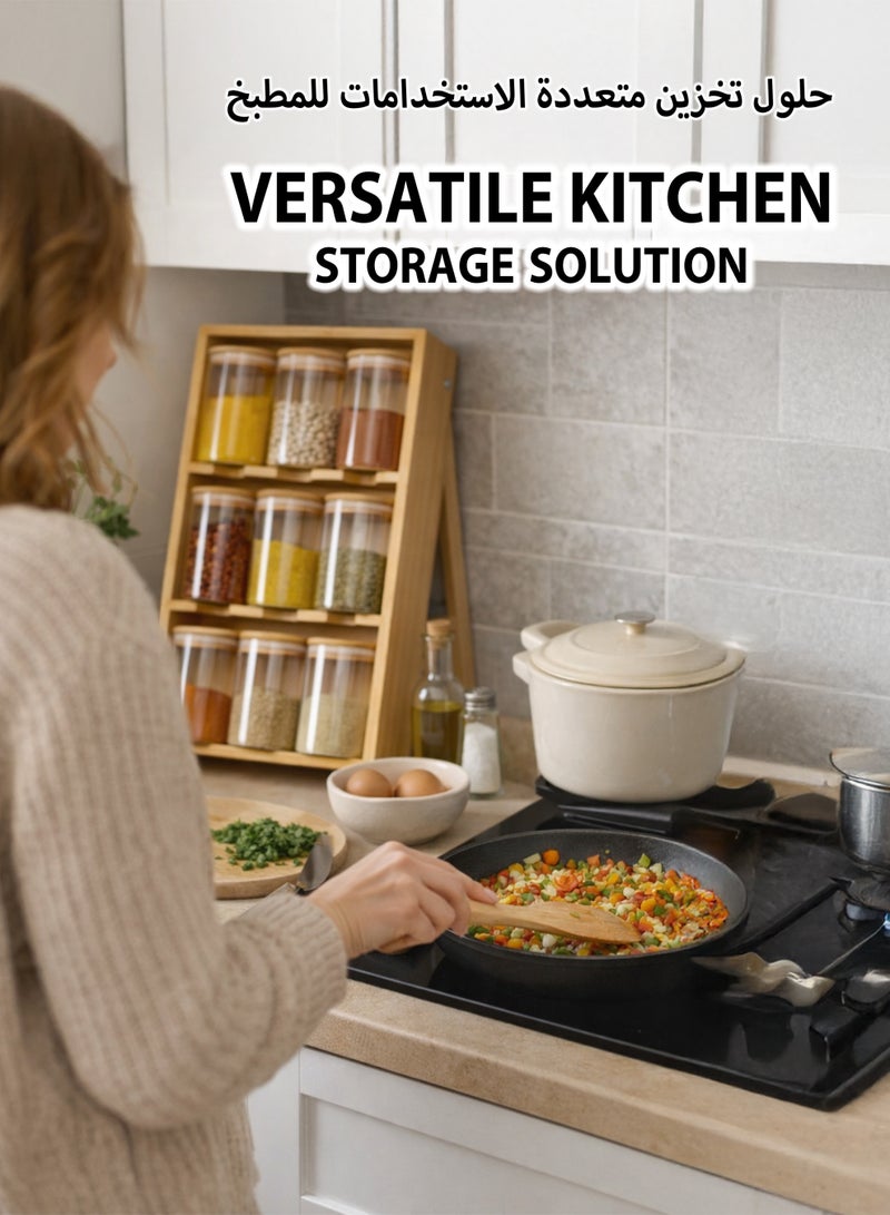 توشيونيكس منظم برطمانات توابل من الخيزران مكون من 9 قطع مع برطمانات زجاجية من البوروسيليكات - رف تخزين مطبخ قابل للطي مع أغطية محكمة الإغلاق للتوابل والأعشاب والبهارات - Image 3